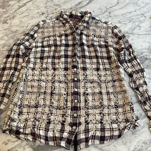 Johnny Was Red Cream Navy embroidered plaid button down